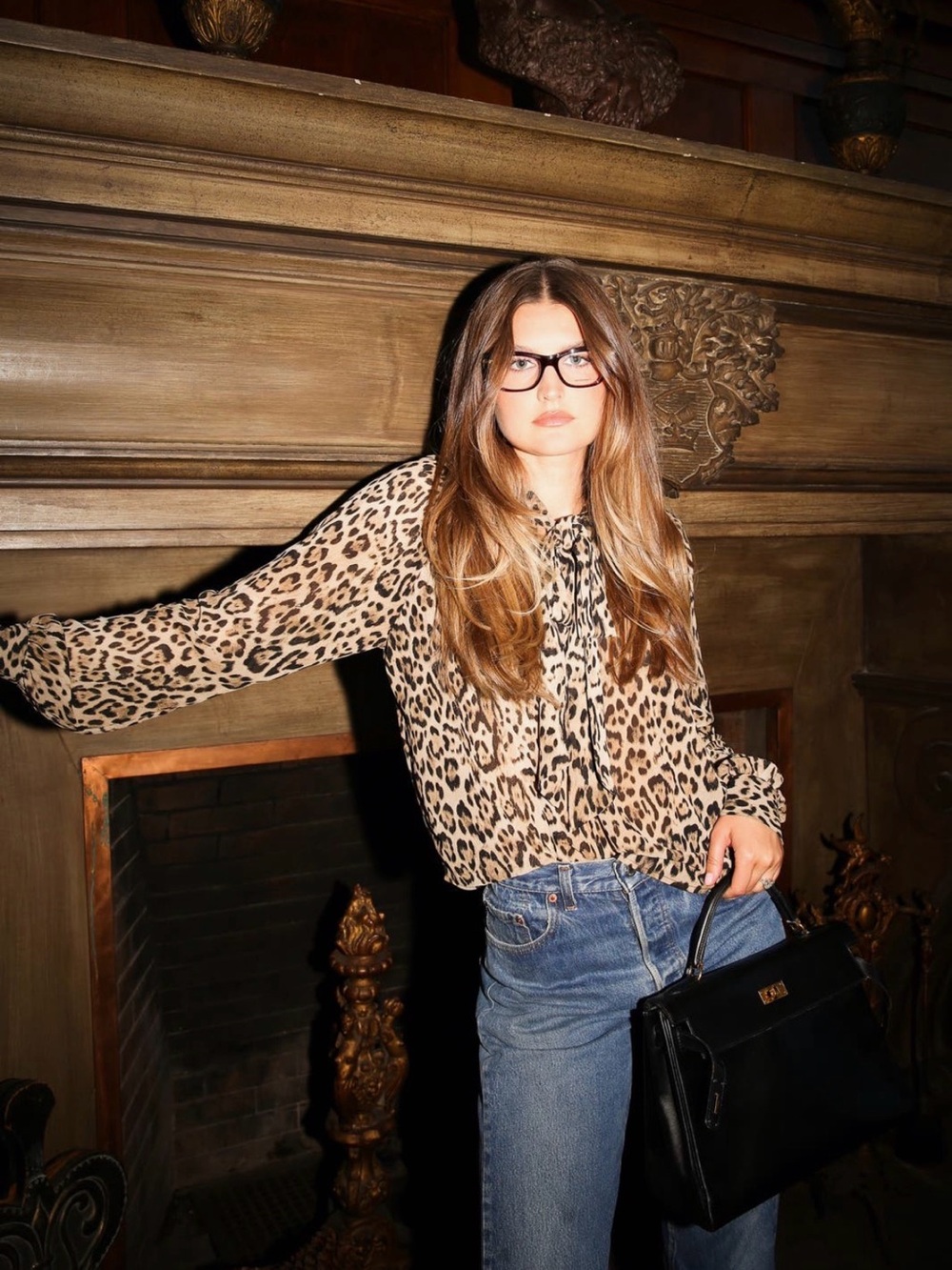 Wayf x Sara Walker Beige Leopard Print georgette Long-Sleeve Blouse